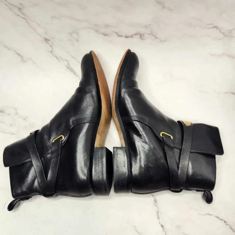 Michael Kors Arley Black Leather Ankle Boots Riding Booties Gold Hardwear 7.5